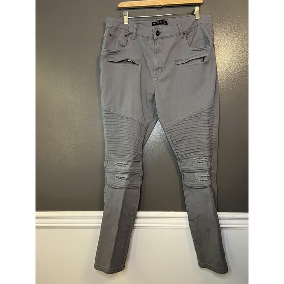 M Society Jeans Mens 40x32 Gray Moto Biker Distressed Zipper Pocket Stretch - Picture 2 of 8